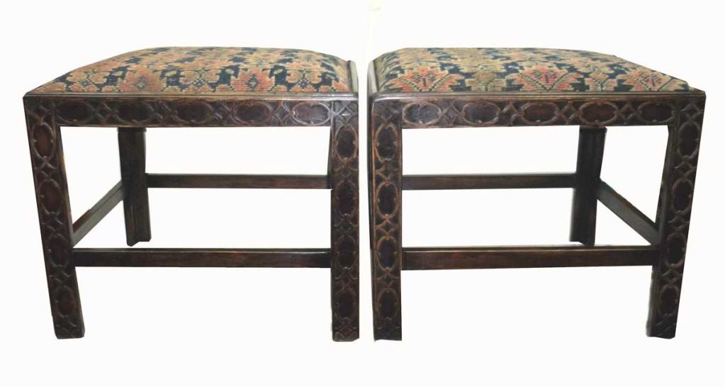 Pair of Chinese Chippendale Style Upholstered Foot Stools 3