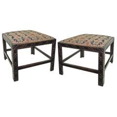 Pair of Chinese Chippendale Style Upholstered Foot Stools