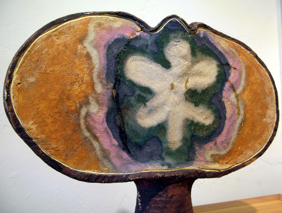Large and rare early ceramic slab built Sky Pot by Jerry Rothman signed Rothman and dated 1961. The piece is clay decorated with colored oxides in sand. PROVENANCE: John Olsen Estate