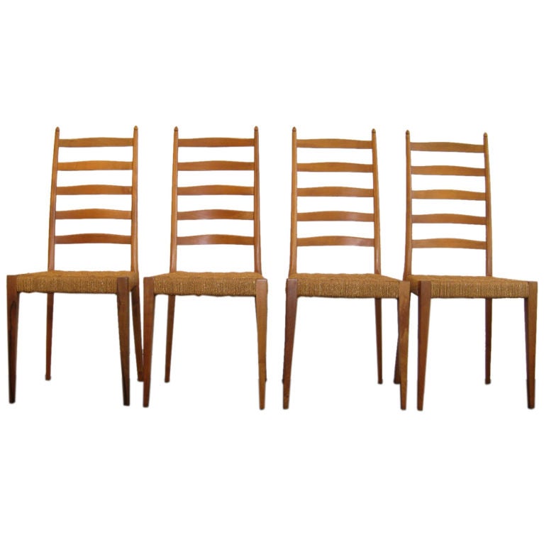 Set of Four Italian Ladder Back Woven Seat Dining Chairs