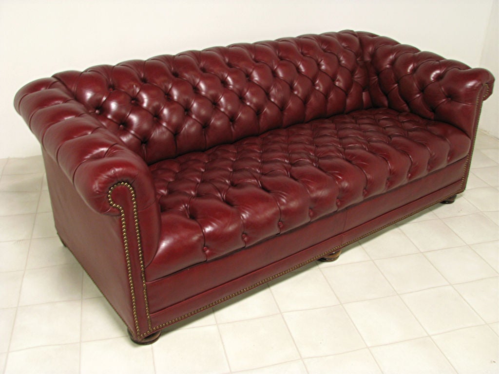 Tufted Chesterfield sofa in cordovan leather with bun feet and brass nail heads.