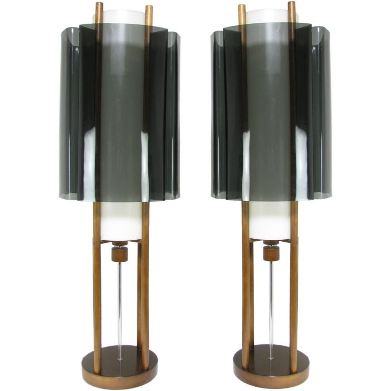 Pair of Space Age Table Lamps, Lucite and Walnut, ca. 1960s