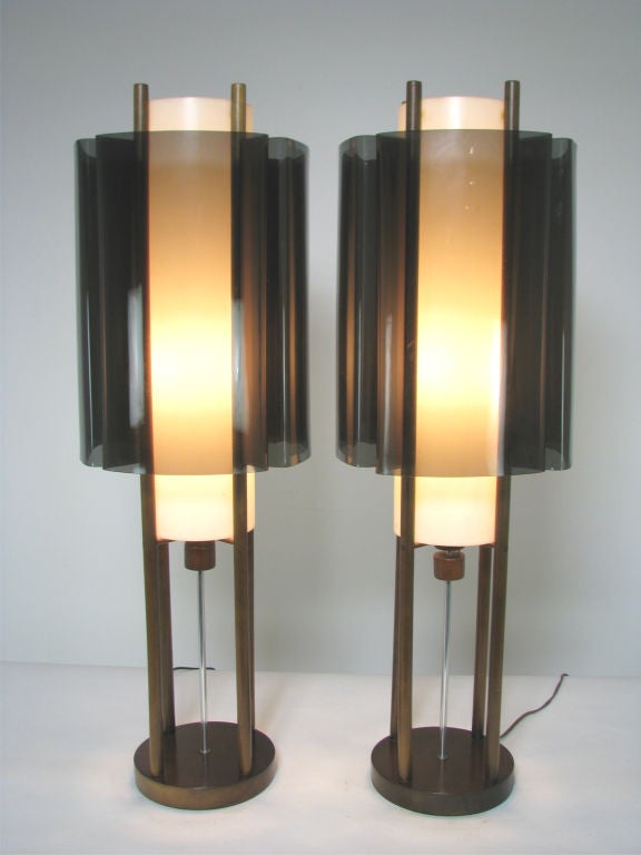 20th Century Pair of Space Age Table Lamps, Lucite and Walnut, ca. 1960s