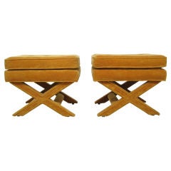 Vintage Pair of Upholstered X-Form Stools