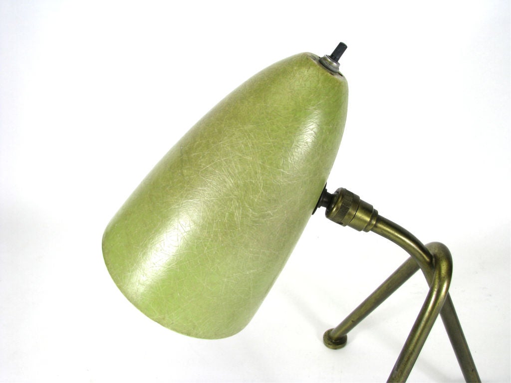 Rare desk lamp by Greta Grossman, pivoting conical shade on grasshopper style brass base.    Shade measures 7 3/4