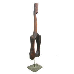 Abstract Figural Carved Walnut Floor Sculpture on Bronze Base