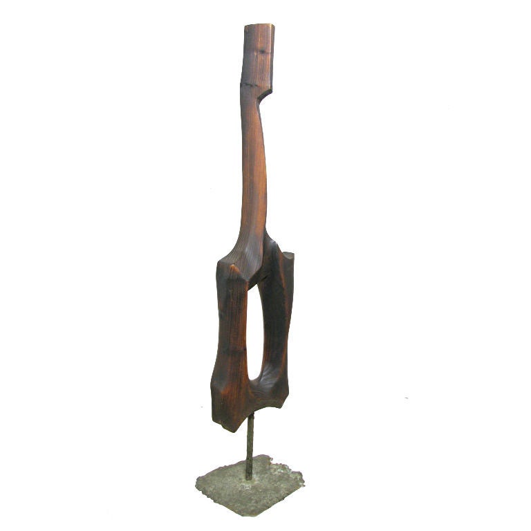 Abstract Figural Carved Walnut Floor Sculpture on Bronze Base at 1stDibs