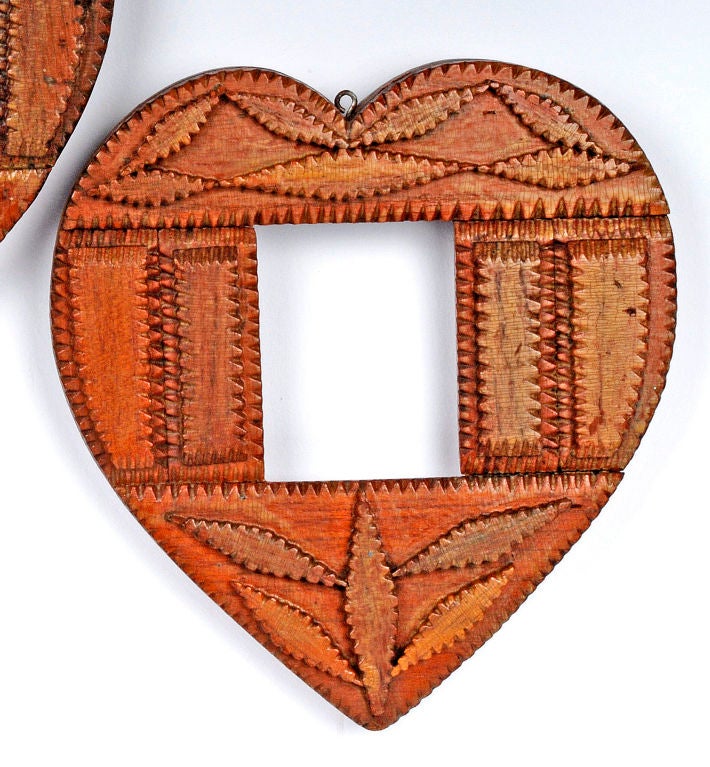 Wonderful Pair of Heart Shaped Tramp Art Frames