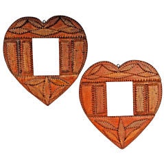 Antique Wonderful Pair of Heart Shaped Tramp Art Frames