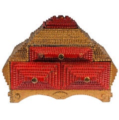 Wonderful Painted Multi Level Tramp Art Box on Scalloped Base