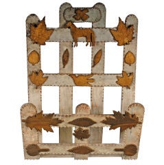 Whimsical Painted Tramp Art Wall Pocket with Figural Carvings