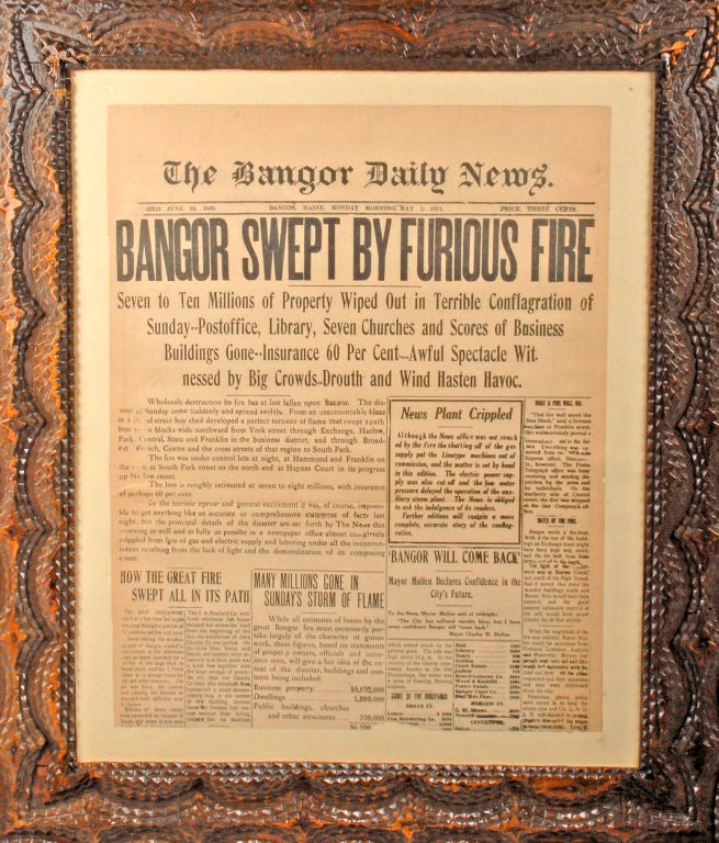 Tramp Art Wave Detailed Frame with Historic Newspaper Maine 1911