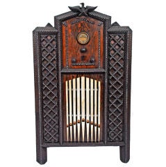 Vintage Masterpiece Tramp Art Radio Cabinet with Carved Eagle in Flight