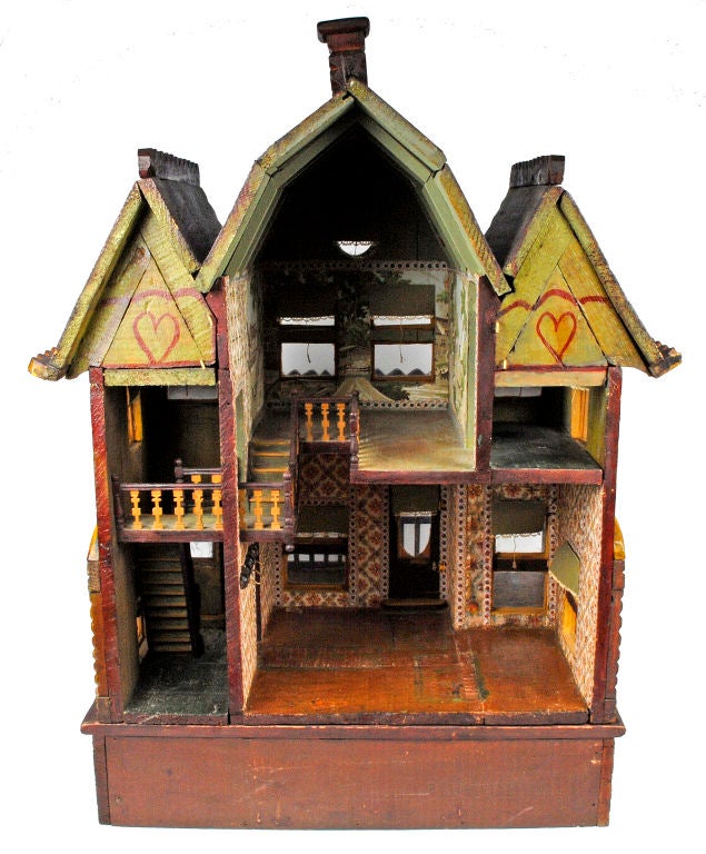 Fabric Charming Painted Tramp Art Doll House w Hearts