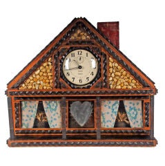 Whimsical Tramp Art House Shaped Clock Case with Shells & Heart