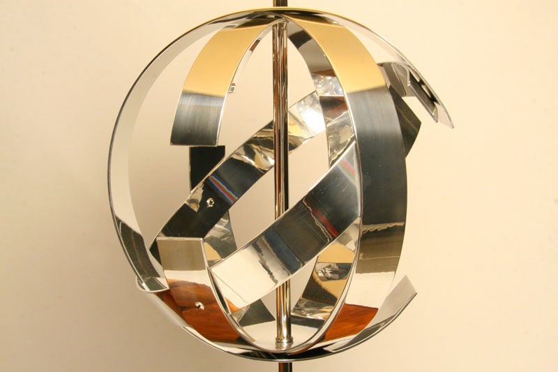 Pair of highly polished aluminum Laurel lamps with silk shades