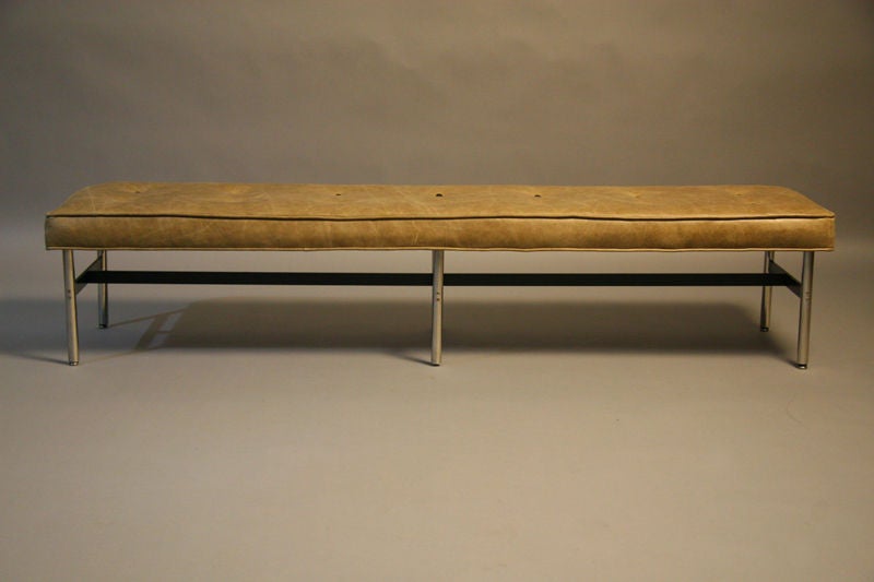 American Bench in distressed tufted leather by Irwin and Estelle Laverne