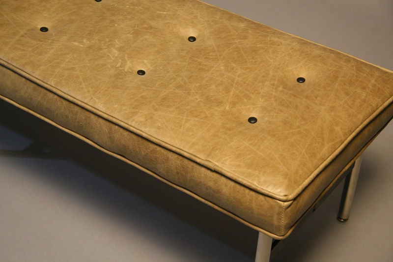 Bench in distressed tufted leather by Irwin and Estelle Laverne 1