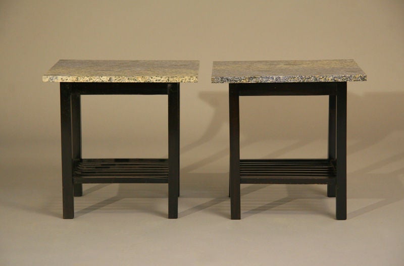 A pair of ebonized rosewood exotic wood side tables with blue, gray and cream speckled granite tops from Brazil. Wood is beautiful and shines through the dark stain.

Many pieces are stored in our warehouse, so please click CONTACT DEALER under