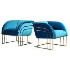 Pair of Milo Baughman blue mohair and chrome lounge chairs