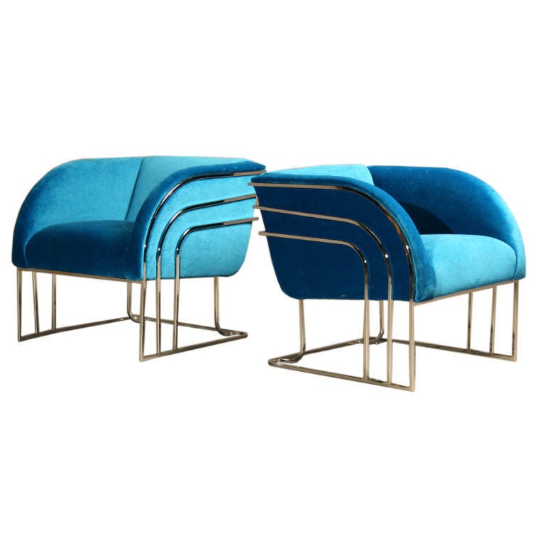 Pair of Milo Baughman blue mohair and chrome lounge chairs