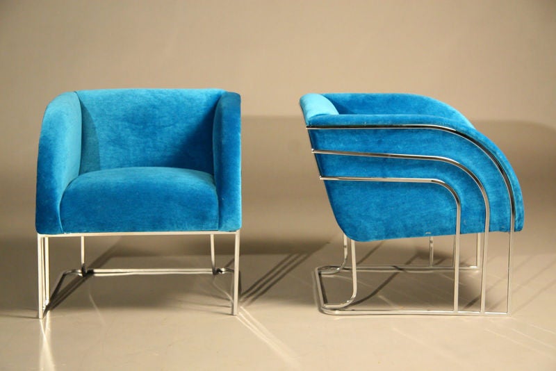 These chairs are newly upholstered in a bright blue Mohair. It's almost an aqua marine/ teal color. Please request a sample if interested. The chrome frames are shiny and clean.
Many pieces are stored in our warehouse, so please give us a call at