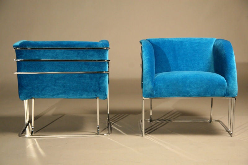 American Pair of Milo Baughman blue mohair and chrome lounge chairs
