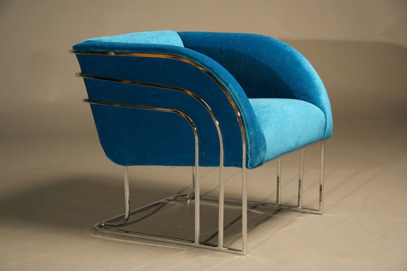 Chrome Pair of Milo Baughman blue mohair and chrome lounge chairs