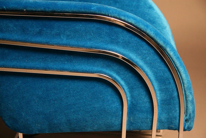 Pair of Milo Baughman blue mohair and chrome lounge chairs 1