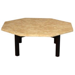 Octagonal Travertine and Rosewood coffee table from Brazil