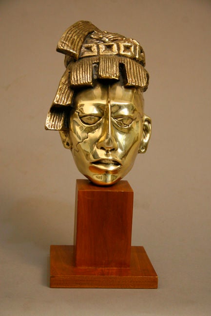 Mid-20th Century Polished Brass Mayan Head Sculpture
