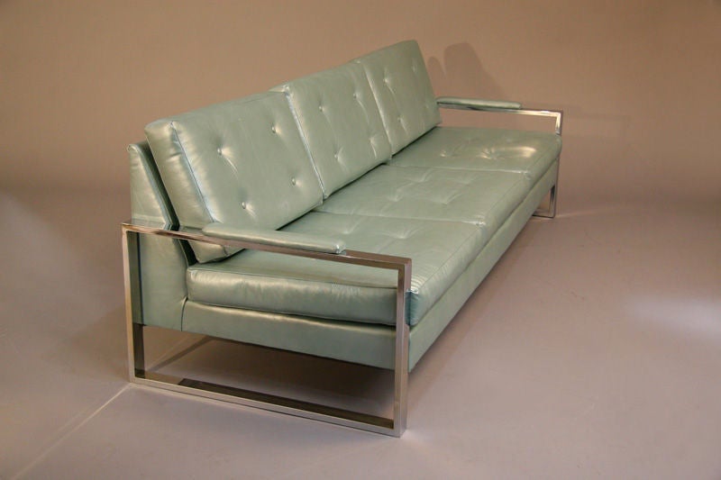Chrome and metallic pale blue leather sofa by Milo Baughman