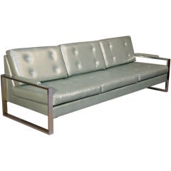 Chrome and metallic pale blue leather sofa by Milo Baughman