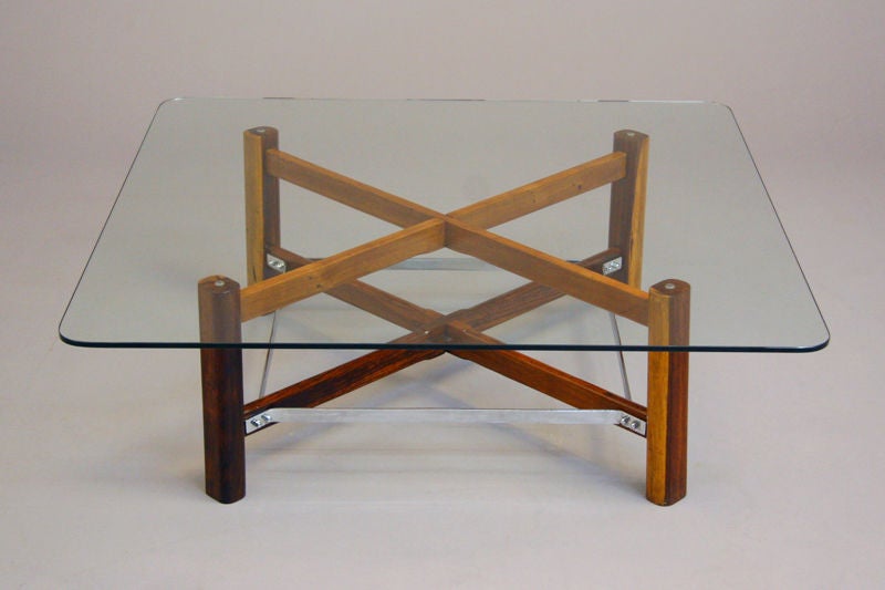 Square Brazilian Rosewood, Chrome and Glass Coffee Table In Excellent Condition In Hollywood, CA