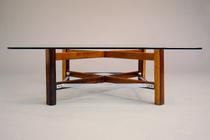 Mid-20th Century Square Brazilian Rosewood, Chrome and Glass Coffee Table