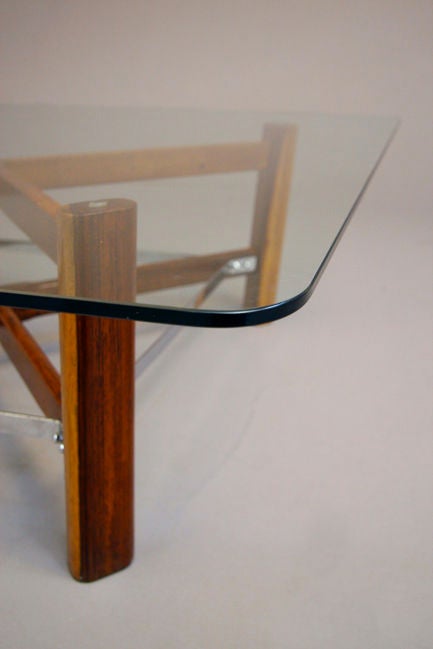 Square Brazilian Rosewood, Chrome and Glass Coffee Table 1