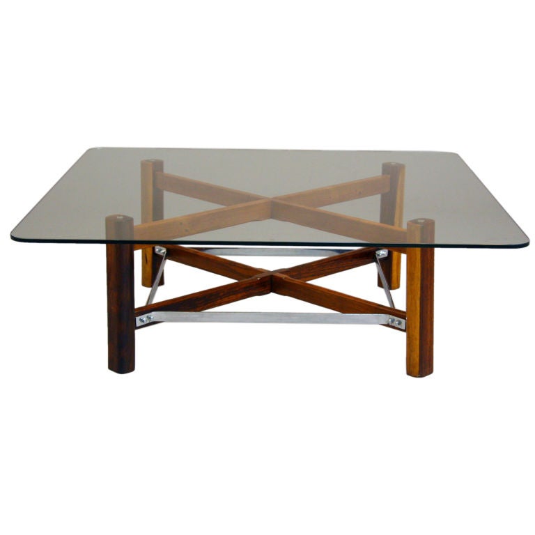 Square Brazilian Rosewood, Chrome and Glass Coffee Table