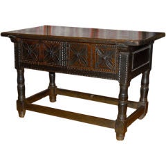 Italian Walnut Late Baroque Chip Carved 2 Drawer Stretcher table