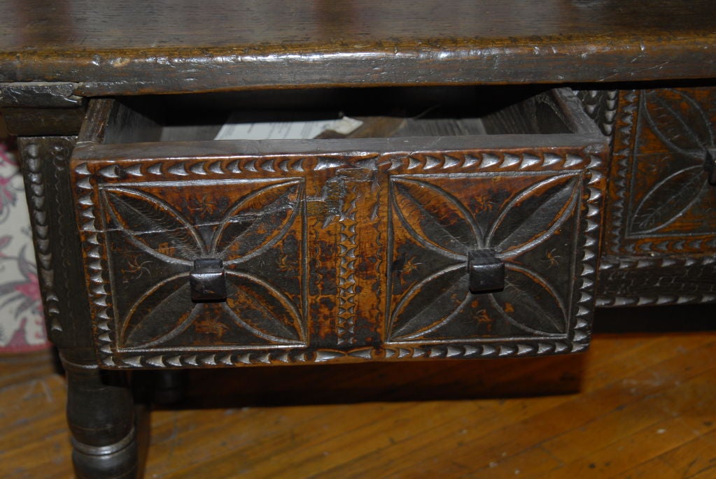 Italian Walnut Late Baroque Chip Carved 2 Drawer Stretcher table