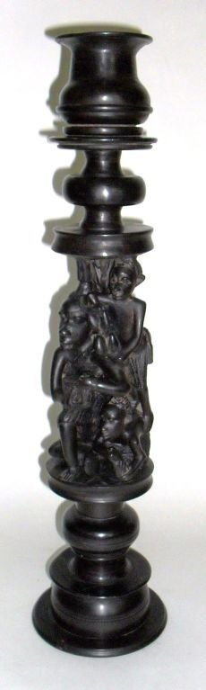 Solid Ebony Carved Candlestick Depicting Native Africans