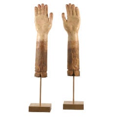 Pair of Carved Wood Hands from Christ Figure on Brass Stands