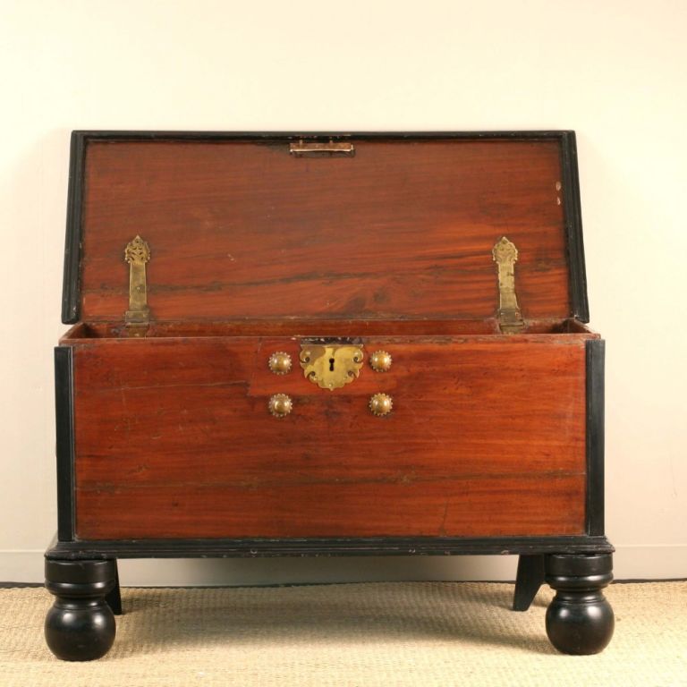 Indian Indo-Dutch Chest Jackfruit and Ebony Chest with Brass Details For Sale