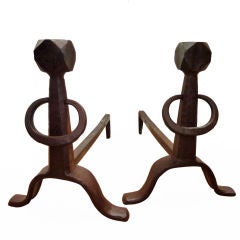 Antique Arts and Crafts Forged and Cast Iron Andirons with Rings