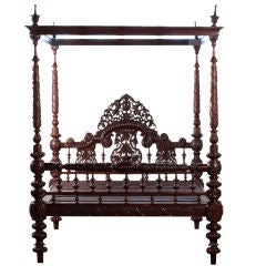 Antique Anglo-Indian Heavily Carved Mahogany Four Poster Bed