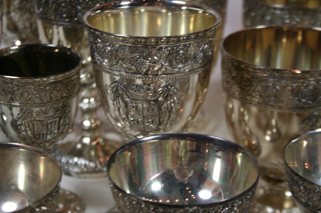 Set of 40 Mid-century Silver “Electroplate” red wine, white wine, champagne, dessert wine and cordial goblets with Scottish Crest. Goblet interiors are gold washed. Made in Japan for Corbell & Co. and are stamped with the company’s seal in Gothic