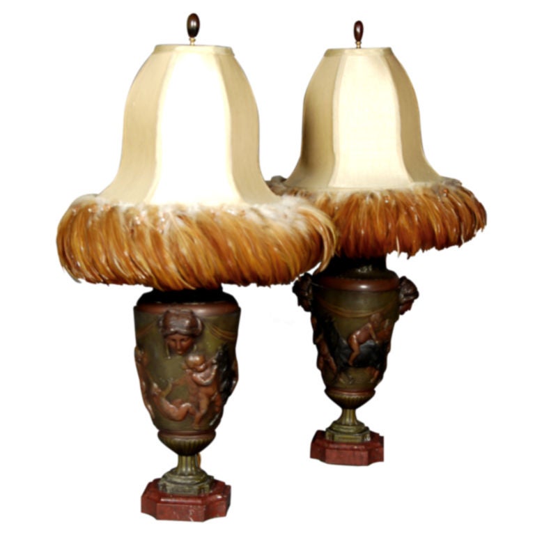 Pair of Bronze and Marble Art Deco Lamps For Sale