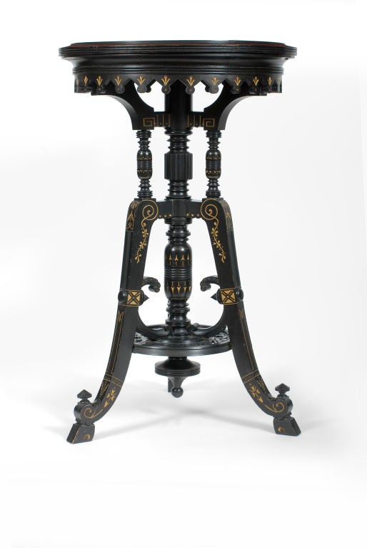 19th Century Eastlake ebonized guéridon with a wonderful inlaid marble top. For Sale