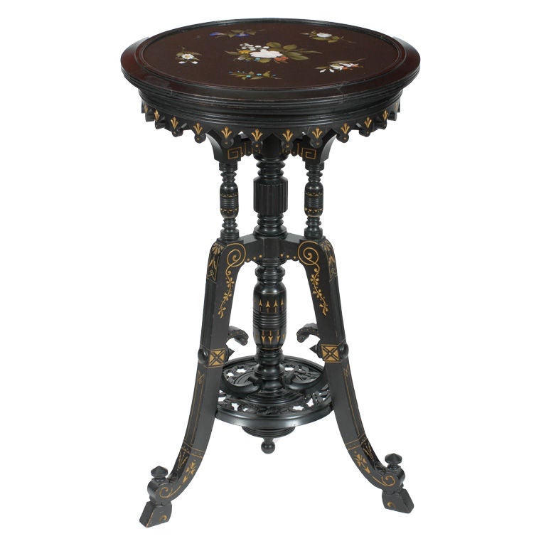 Eastlake ebonized guéridon with a wonderful inlaid marble top. For Sale