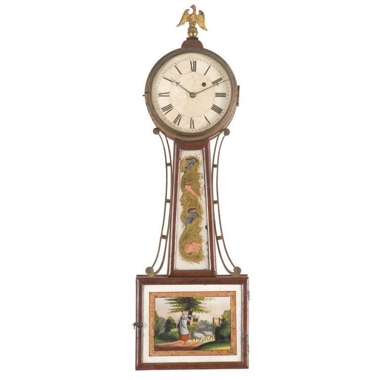 Rare Southeastern Massachusetts Eglomisé Banjo Clock, Hingham For Sale