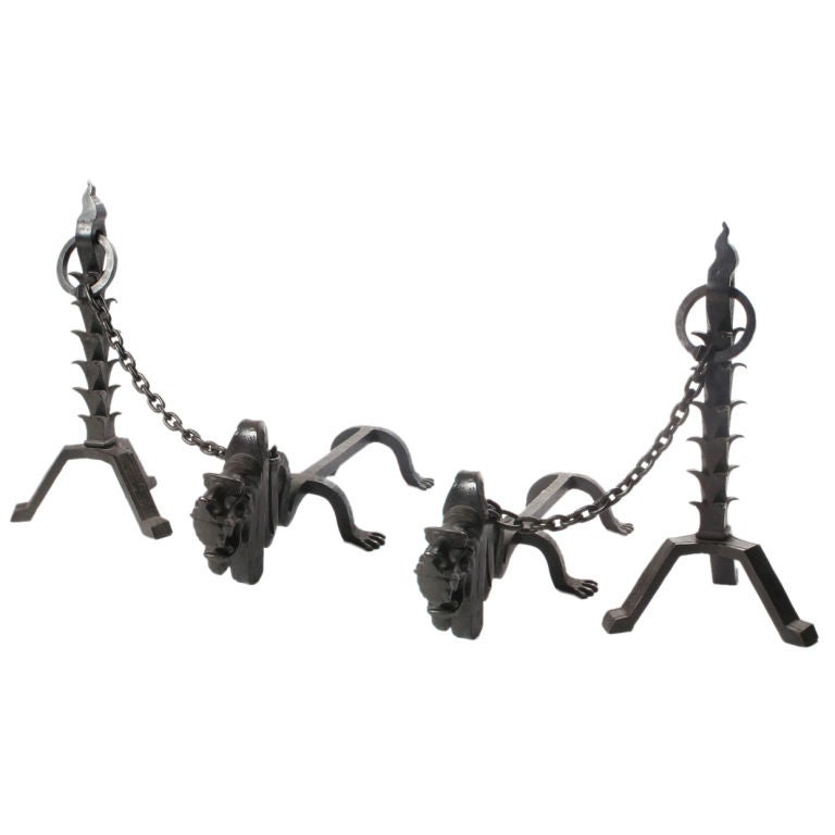 Wrought Iron Spiked Posts and Chained Dog Andirons For Sale